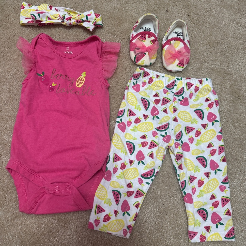 Baby Girl Summer Time Watermelon and Fruit Complete Outfit 3-6 Months Chick Pea